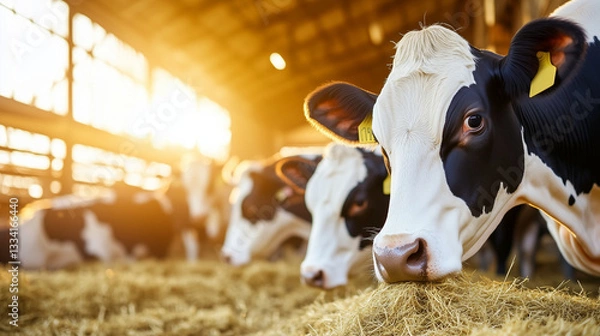 Obraz Dairy Farm Life: Cows Feeding in a Traditional Cowshed A peaceful dairy farm scene where a herd of cows enjoys fresh hay in a well-lit barn, highlighting ethical and sustainable an