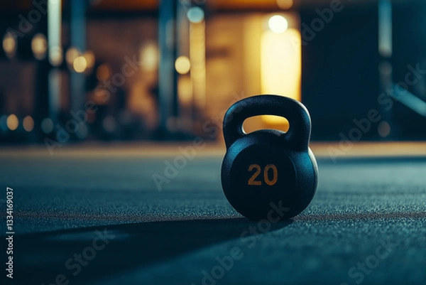 Obraz Black kettlebell with yellow number 20 on gym floor in a blurred gym setting featuring various fitness equipment.
