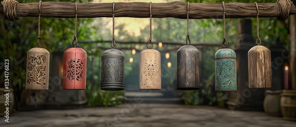 Obraz Decorative Bells: A row of intricately designed decorative bells hangs from a wooden beam, adding a touch of rustic charm and a hint of whimsical delight to an outdoor setting