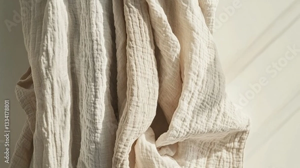 Fototapeta Soft Neutral Fabric Drapery in Natural Light Creating Elegant and Cozy Atmosphere at Home