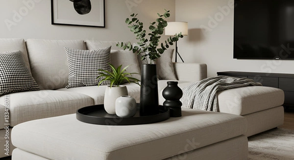 Fototapeta Black accent decor in a luxury family living room 
