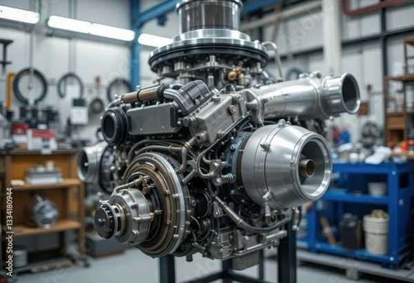 Fototapeta Detailed Close-up of a Modern Aircraft Engine in a Workshop Setting