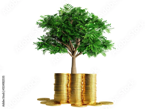 Obraz Isolated Tree Growing from a Pile of Gold Coins Indicating Growth