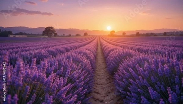 Fototapeta Serene Lavender Field at Sunset with Vibrant Purple Blossoms