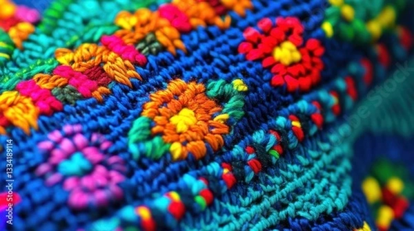 Fototapeta Colorful Handcrafted Textile Embroidery with Floral Patterns