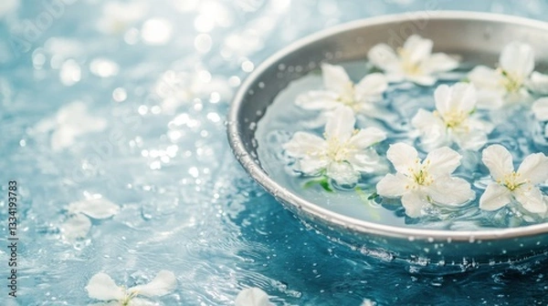 Obraz Traditional Thai Songkran silver bowl with jasmine garlands and water droplets, symbolizing renewal and purity.