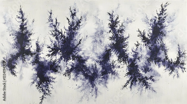 Fototapeta Abstract dark blue ink painting on white background, resembling stylized trees or plants.  Suitable for art, design, or home decor