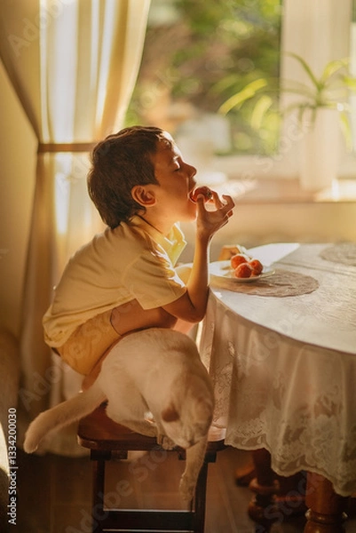 Obraz A boy eats strawberries at the table