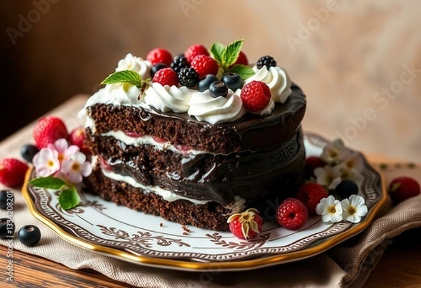 Obraz Rich chocolate cake with whipped cream and fresh berries