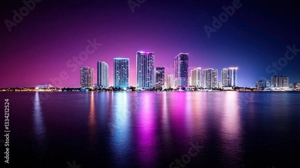 Fototapeta cityscape glowing in neon hues, set against a deep purple aesthetic background, arranged by a professional photographer with cinematic studio lighting for a nostalgic cyberpunk feel