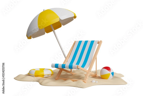 Fototapeta Beach Chair, Yellow Umbrella and Ball on beach isolated on white background, Summer holiday, vacation and travel concept, 3d render