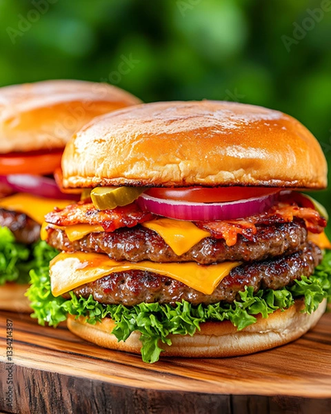 Obraz Juicy double cheeseburger with bacon, lettuce, tomato, onion, and pickles on a wooden board