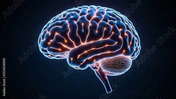 Fototapeta Photorealistic depiction of a human brain with glowing synapses illustrating cognitive complexity