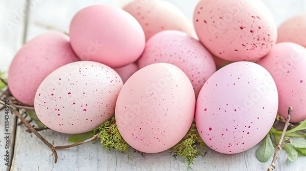 Fototapeta Beautiful pastel pink eggs arranged on a rustic wooden surface with green moss and twigs for spring decoration
