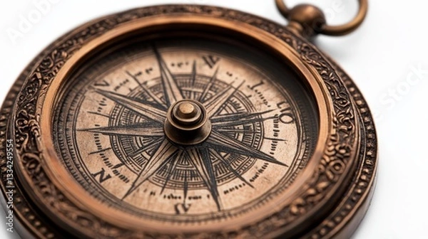 Fototapeta Detailed bronze compass against a clean white backdrop. Intricate design highlights craftsmanship and timeless navigation