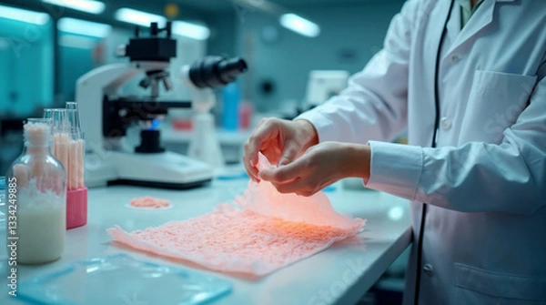 Fototapeta Scientist handling an artificial skin graft in a biotechnology laboratory. Concept of tissue engineering, medical innovation, and regenerative medicine.