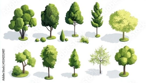 Obraz Collection of stylized isometric trees and shrubs.  Various shapes and sizes of lush green trees and bushes, with detailed foliage and ground