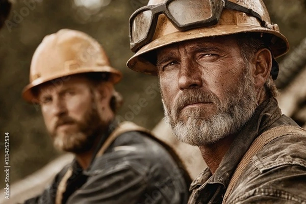 Obraz Sepia-toned photograph of two rugged miners symbolizing hard work and camaraderie