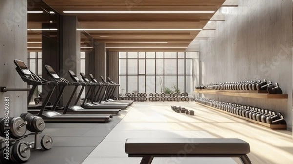 Fototapeta A high-end gym with a clean minimalist design, featuring neatly arranged dumbbells and weight racks.