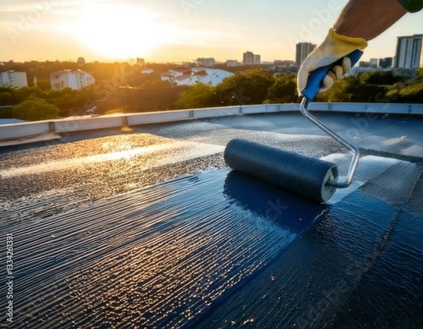 Obraz Using a roller brush to apply a waterproof coating to a rooftop. Generated image

