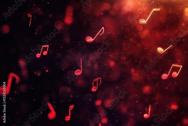 Fototapeta Decorative pattern of red music notes floating on a dark, mysterious background