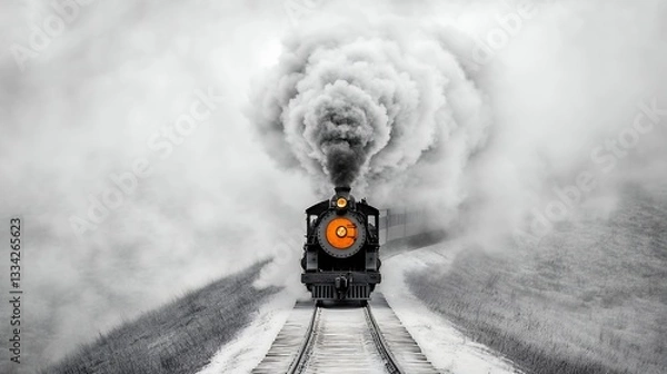 Fototapeta Powerful Steam Locomotive in Snowy Landscape