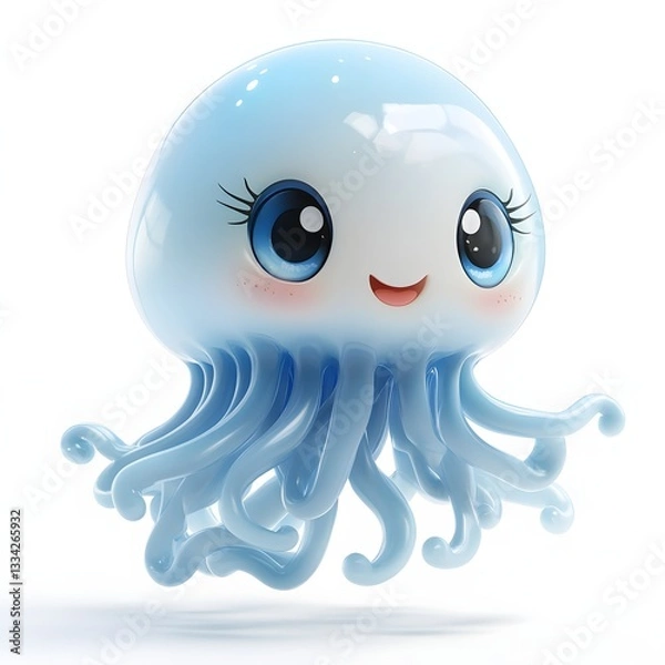 Fototapeta A cute, happy, blue jellyfish cartoon character. 3D rendered digital art. Adorable Baby Jellyfish