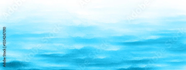 Fototapeta Light blue sea ocean water waves Watercolor painting of marine landscape Painted seascape background illustration texture with wavy pattern in banner header backdrop design Gradient blue white colors
