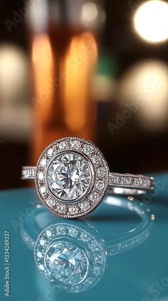 Fototapeta A close up image shows a beautiful diamond engagement ring