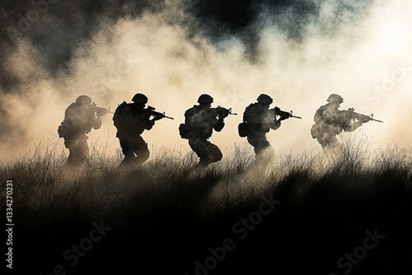 Fototapeta Elite soldiers advancing through a battlefield, silhouetted against a dramatic dust-filled sunset, tactical military operation in action.