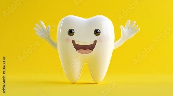 Fototapeta  an illustration of a healthy white tooth, having hands, eyes and mouth, smilling at the camera on yellow background