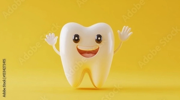 Fototapeta  an illustration of a healthy white tooth, having hands, eyes and mouth, smilling at the camera on yellow background