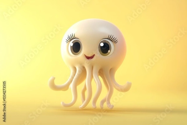 Fototapeta A cute cartoon jellyfish baby, full-body shot with legs and feet, smiling expression, bright big eyes,