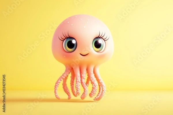 Fototapeta A cute cartoon jellyfish baby, full-body shot with legs and feet, smiling expression, bright big eyes,