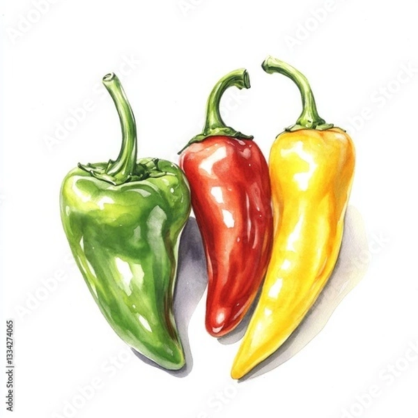 Fototapeta A realistic green pepper, a red pepper, and a yellow pepper hand drown 