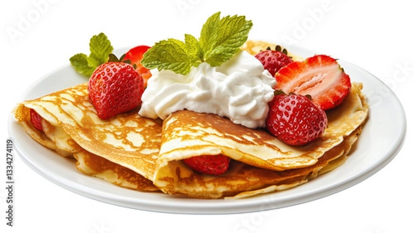 Obraz A plate of golden crepes filled with fresh strawberries and whipped cream