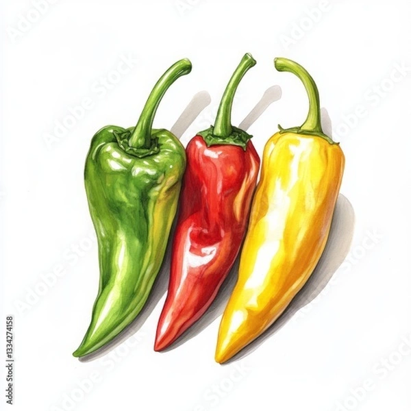 Fototapeta A realistic green pepper, a red pepper, and a yellow pepper hand drown 