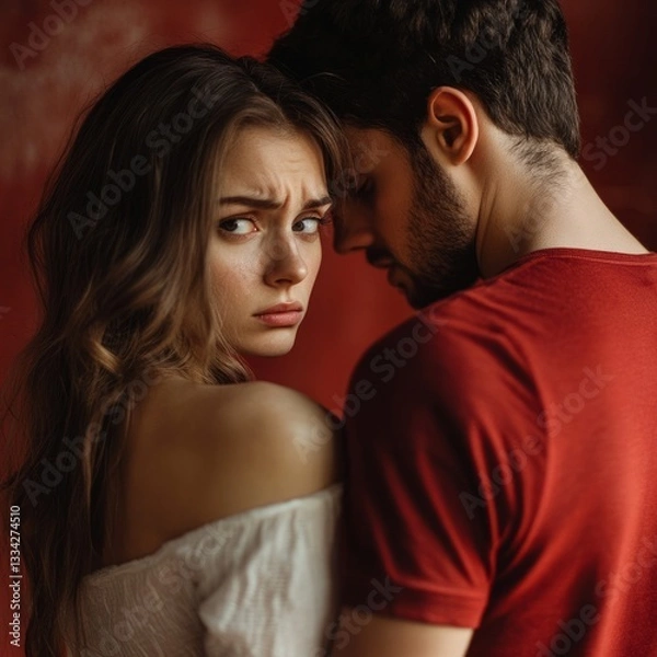 Fototapeta  a young lover couple in which the male is trying to calm down his angry lady 