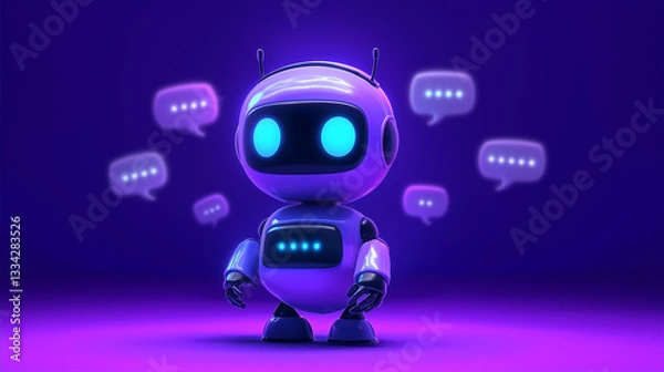 Fototapeta Cute robot chatting with speech bubbles, exploring artificial intelligence