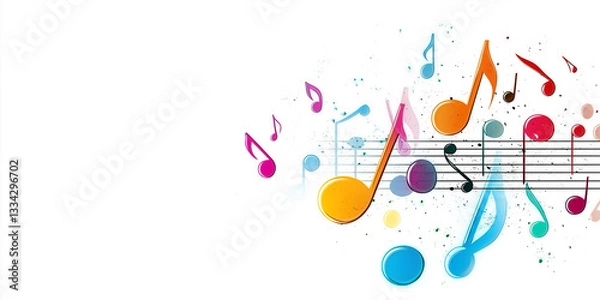 Fototapeta Colorful music notes flowing on a stave with a white background