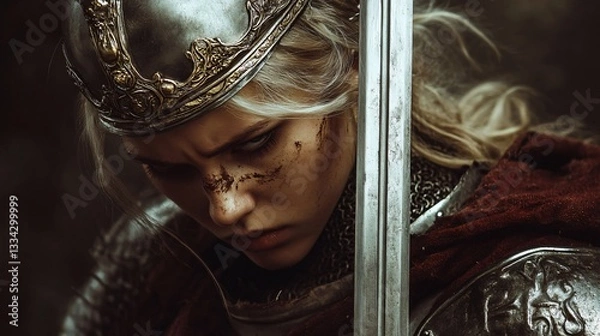 Fototapeta Regal warrior woman in armor with sword and crown for fantasy concept art