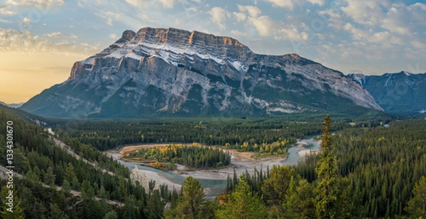 Fototapeta Banff National Park - Hoodoos Viewpoint on Tunnel Mountain Road - Autumn view of Mount Rundle and Bow River