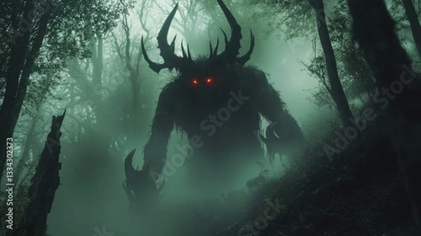 Fototapeta A monster with horns and red eyes stands in a forest