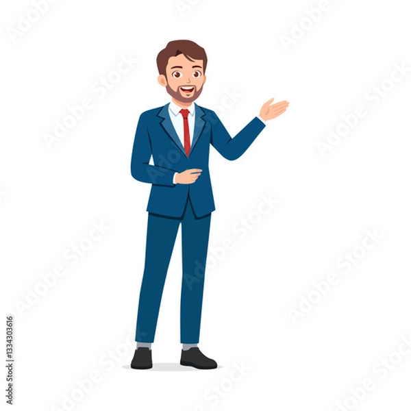 Fototapeta Businessman Presenting with Open Palm Hand Gesture, Smiling in Blue Suit and Red Tie on White Background