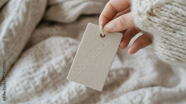 Obraz close-up of clothing tag with information about the composition of the fabric in hand