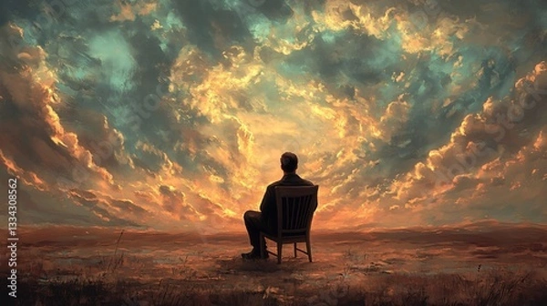 Fototapeta Lonely Man Sitting in Fantasy Landscape Chair - Surreal 3D Illustration