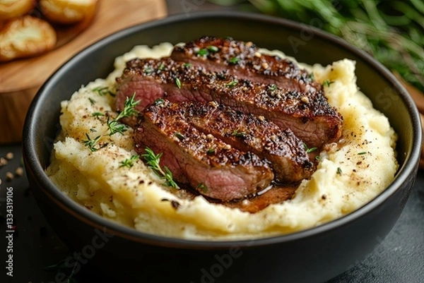 Fototapeta Sliced Steak Garnished with Herbs Served on Creamy Mashed Potatoes
