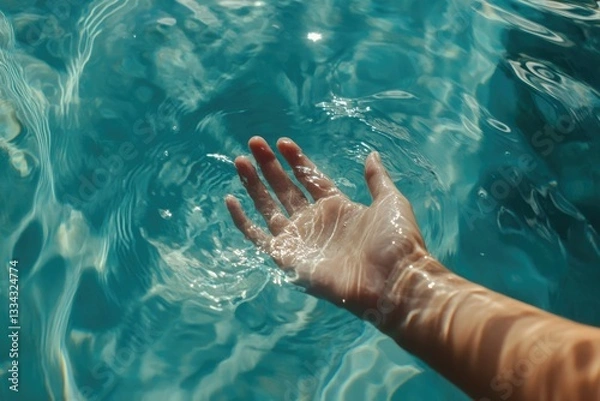 Fototapeta A hand gently touches the surface of a clear, turquoise pool, sunlight illuminating the water's ripples.