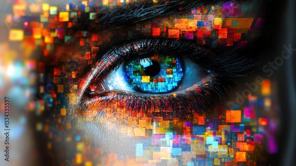 Fototapeta Abstract human eye featuring a digital mosaic design symbolizing technology and the future of perception with vibrant colors and intricate pixel patterns