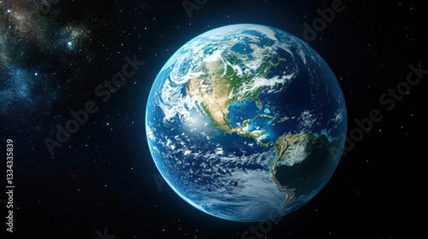 Fototapeta Stunning view of planet Earth from space showcasing North and South America with cloud formations and cosmic background illuminated by sunlight creating a serene and awe-inspiring scene
